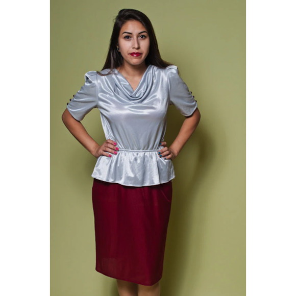 SALE! Vintage 70's Metallic Gray & Burgundy PEPLUM DRESS / Two Tone Dress - Picture 2 of 5